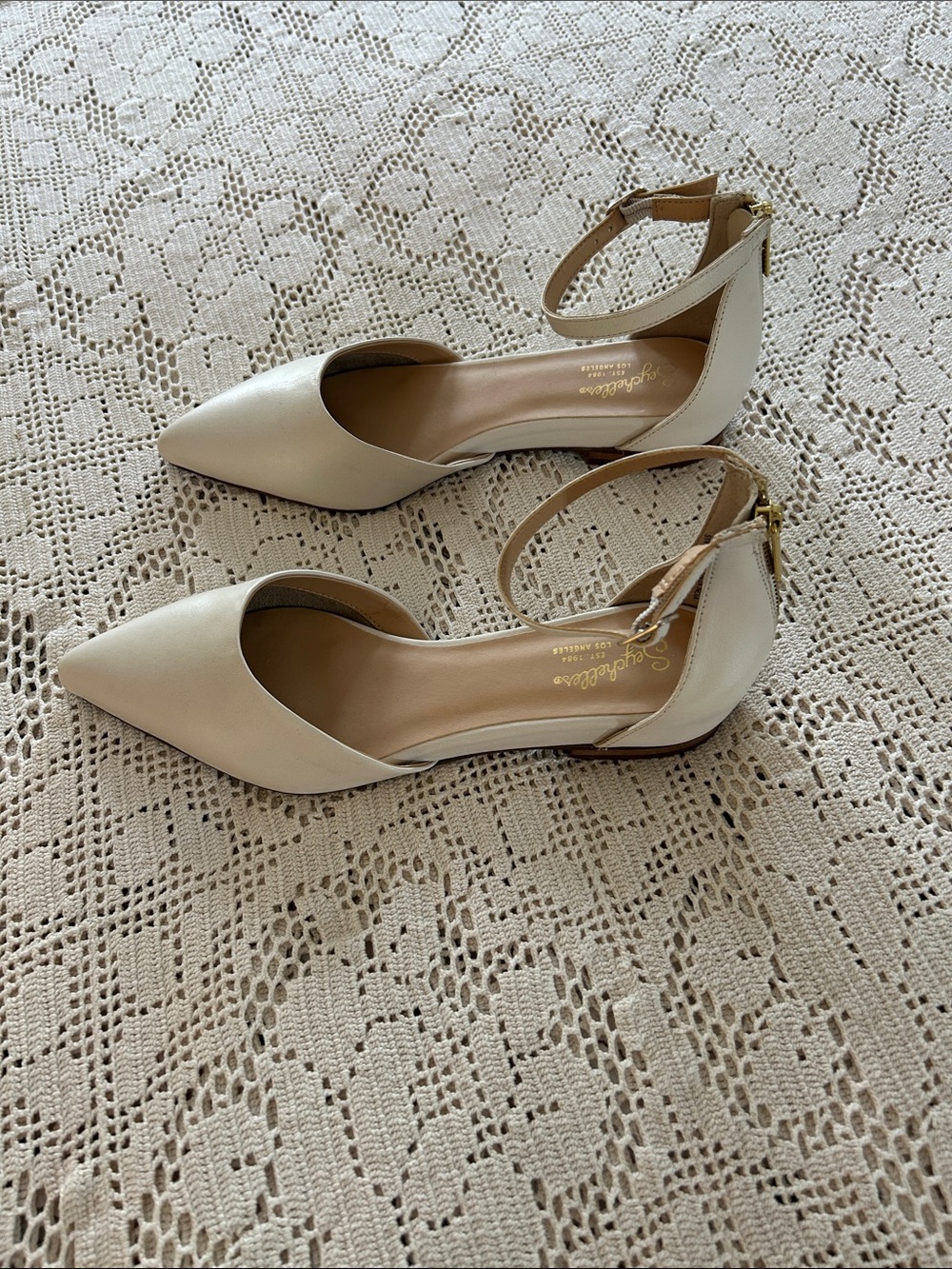 Seychelles Cream Pointed-Toe Ankle-Strap Flats with Gold Buckles